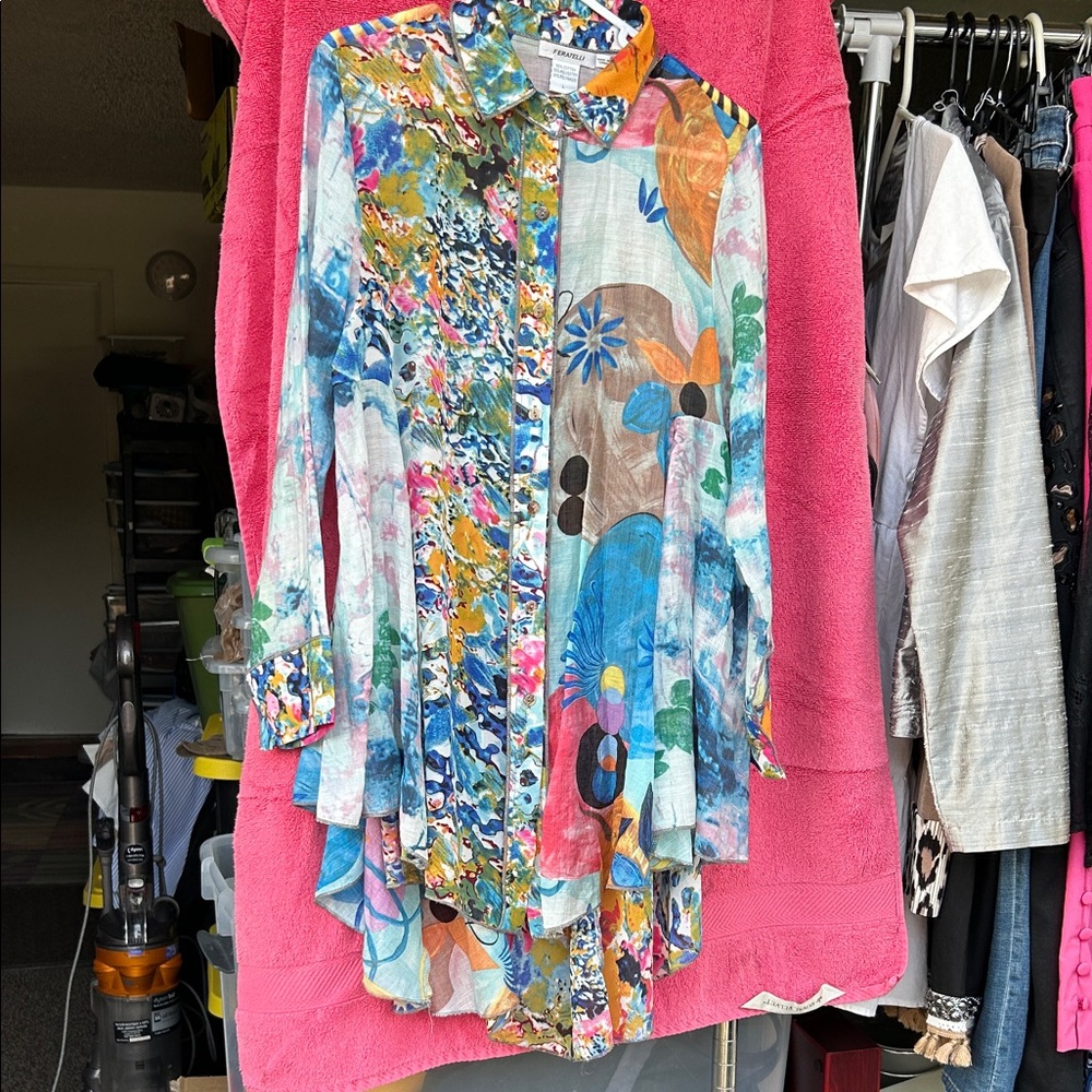 Colorful Floral Print Button-Up Tunic Top - Blue Multi